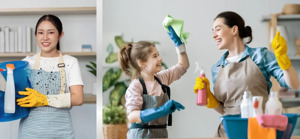 Woman with cleaning supplies and mother-daughter cleaning together, both wearing rubber gloves.